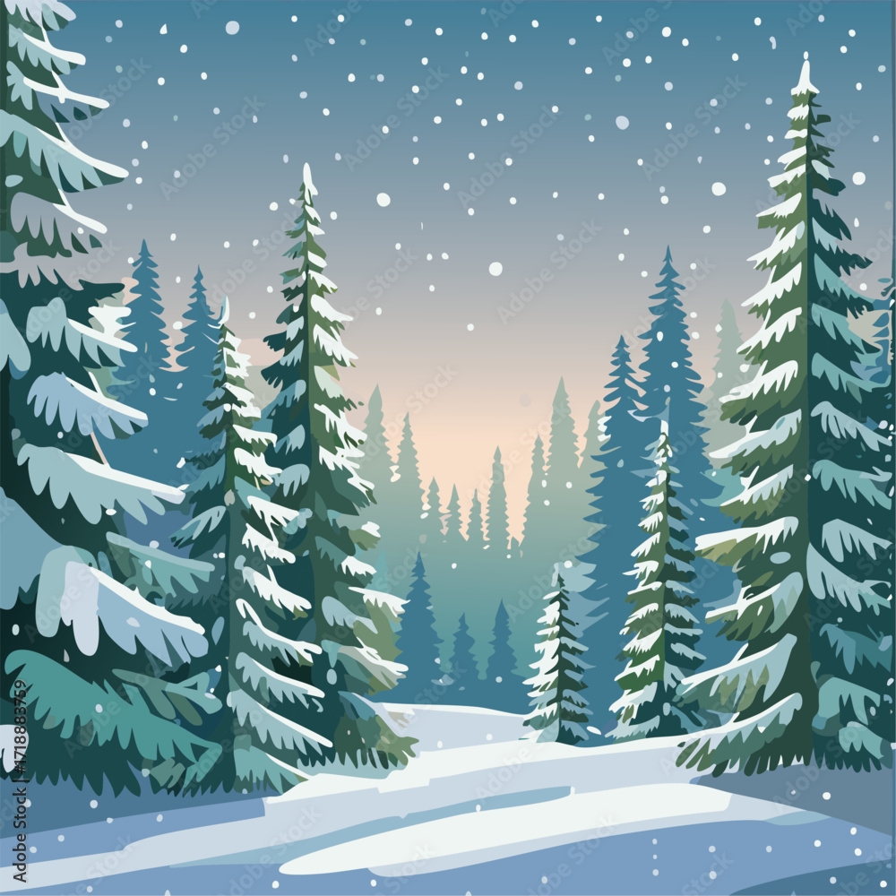 Fototapeta premium Snowy forest with fir trees vector illustration in scandinavian laconic style. Christmas natural background for postcards and invitations. New Year's backdrop of cold northern nature. 