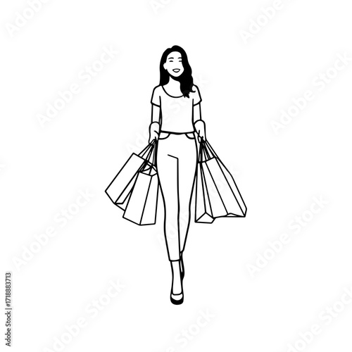 Black and white line art of a beautiful happy woman carrying shopping bags minimalist cheerful illustration