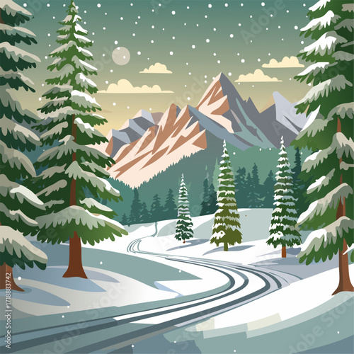Snowy forest with fir trees vector illustration in scandinavian laconic style. Christmas natural background for postcards and invitations. New Year's backdrop of cold northern nature.	