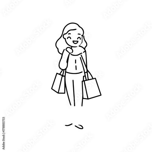 Black and white line art of a beautiful happy woman carrying shopping bags minimalist cheerful illustration