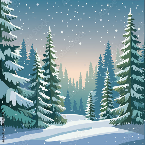 Snowy forest with fir trees vector illustration in scandinavian laconic style. Christmas natural background for postcards and invitations. New Year's backdrop of cold northern nature.	