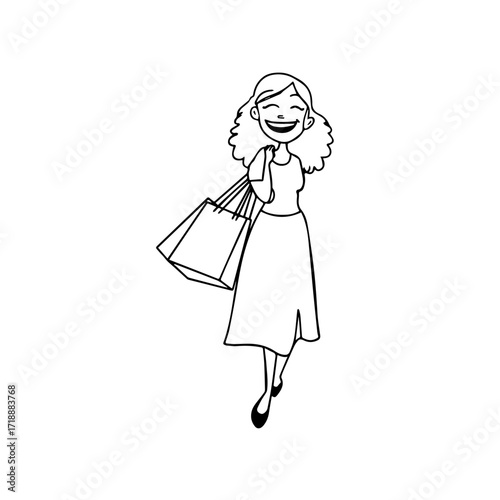 Black and white line art of a beautiful happy woman carrying shopping bags minimalist cheerful illustration