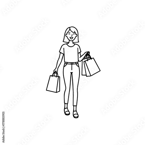 Black and white line art of a beautiful happy woman carrying shopping bags minimalist cheerful illustration