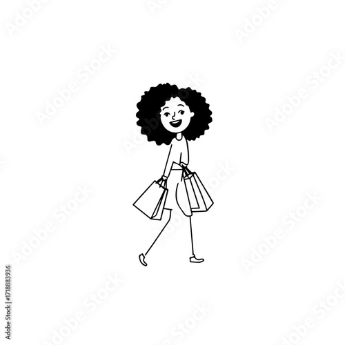 Black and white line art of a beautiful happy woman carrying shopping bags minimalist cheerful illustration