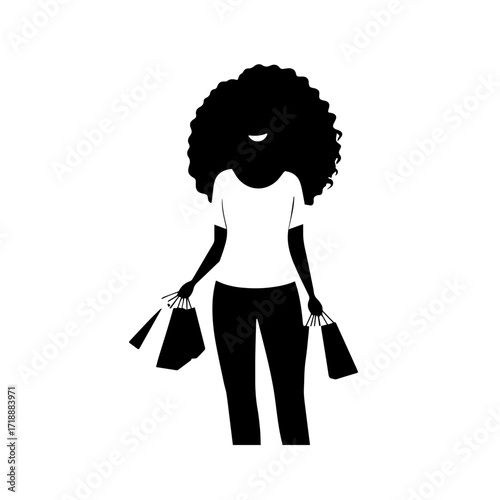 Black and white line art of a beautiful happy woman carrying shopping bags minimalist cheerful illustration