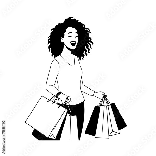 Black and white line art of a beautiful happy woman carrying shopping bags minimalist cheerful illustration