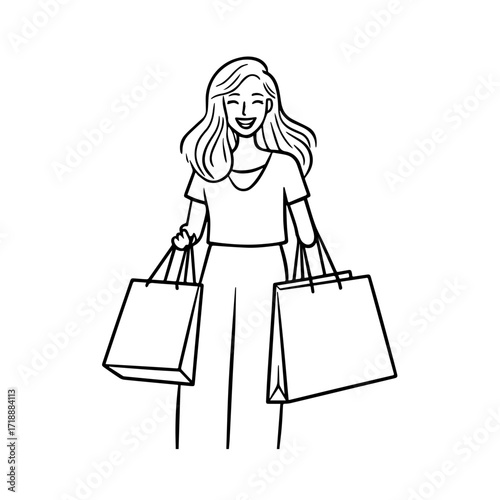 Black and white line art of a beautiful happy woman carrying shopping bags minimalist cheerful illustration