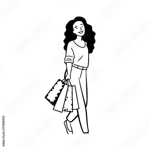 Black and white line art of a beautiful happy woman carrying shopping bags minimalist cheerful illustration