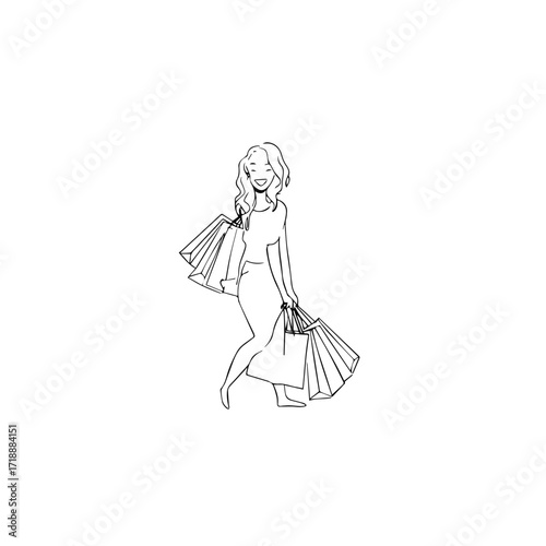Black and white line art of a beautiful happy woman carrying shopping bags minimalist cheerful illustration
