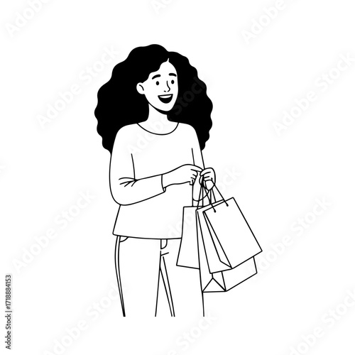 Black and white line art of a beautiful happy woman carrying shopping bags minimalist cheerful illustration