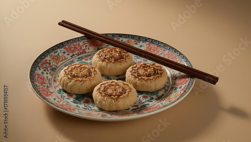 Traditional Chinese Pastry on Decorative Plate with Chopsticks