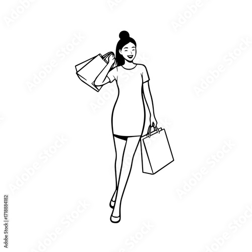 Black and white line art of a beautiful happy woman carrying shopping bags minimalist cheerful illustration
