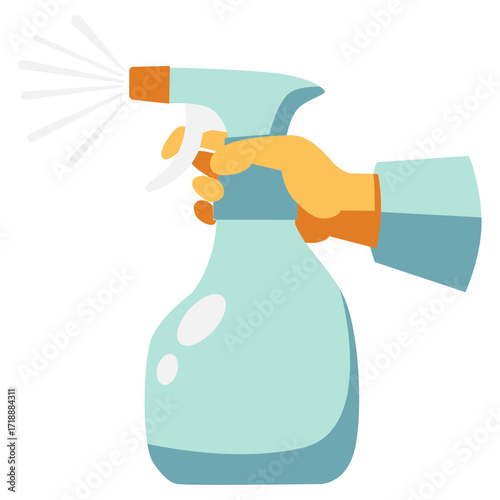 Hand holding spray bottle with mist, cleaning or gardening tool illustration perfect for plants or surfaces.


