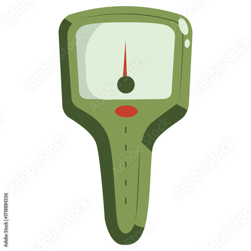 Green soil moisture meter with display, gardening tool illustration perfect for plant care or farming.

