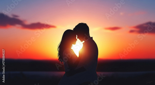 Silhouette of a romantic couple embracing at sunset, their foreheads touching, with the sun creating a beautiful light flare between them
