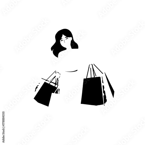 Black and white line art of a beautiful happy woman carrying shopping bags minimalist cheerful illustration