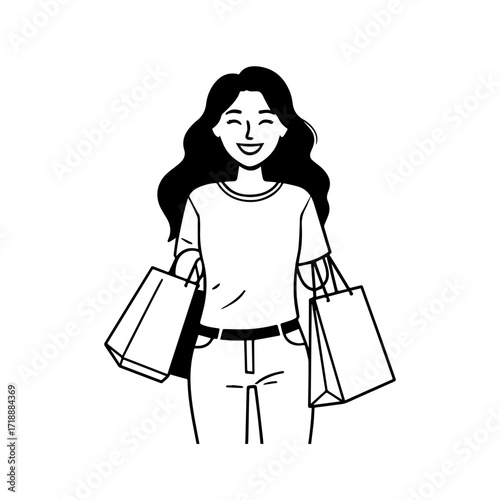 Black and white line art of a beautiful happy woman carrying shopping bags minimalist cheerful illustration