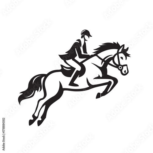 Jockey on Horse Jumping Black and White Illustration
