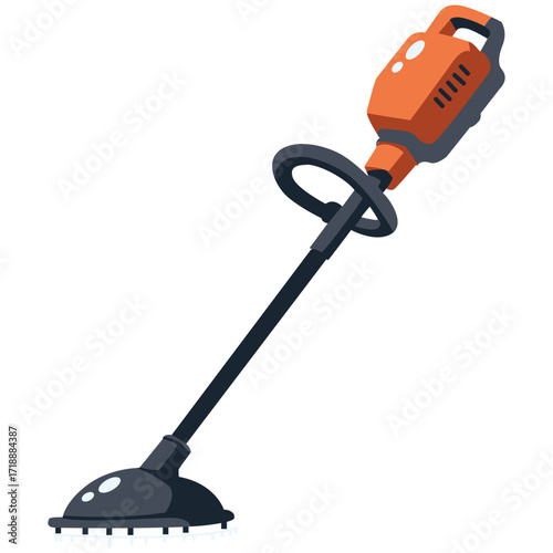 Orange string trimmer with black shaft, lawn maintenance tool illustration ideal for yard or garden work.


