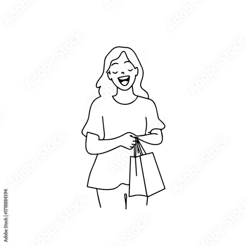 Black and white line art of a beautiful happy woman carrying shopping bags minimalist cheerful illustration