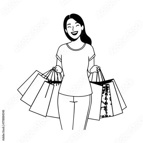 Black and white line art of a beautiful happy woman carrying shopping bags minimalist cheerful illustration