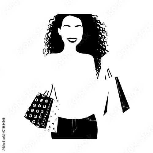 Black and white line art of a beautiful happy woman carrying shopping bags minimalist cheerful illustration