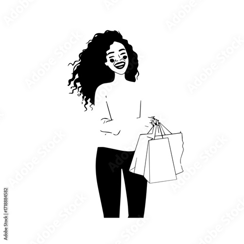 Black and white line art of a beautiful happy woman carrying shopping bags minimalist cheerful illustration
