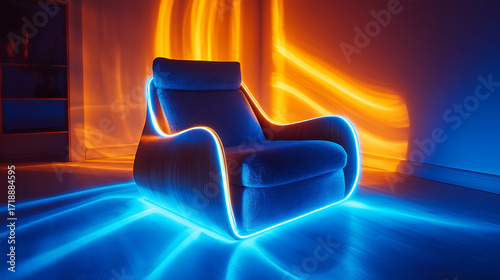 Futuristic armchair illuminated by vibrant neon blue and orange light trails in a dark room