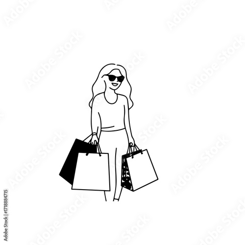 Black and white line art of a beautiful happy woman carrying shopping bags minimalist cheerful illustration