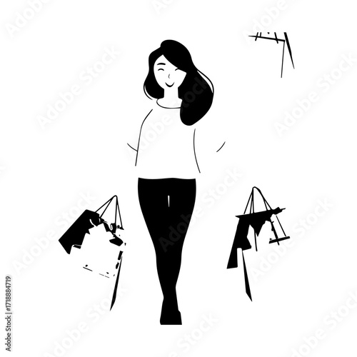 Black and white line art of a beautiful happy woman carrying shopping bags minimalist cheerful illustration