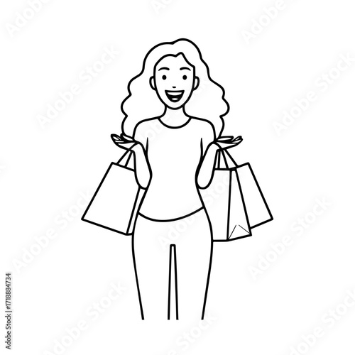 Black and white line art of a beautiful happy woman carrying shopping bags minimalist cheerful illustration