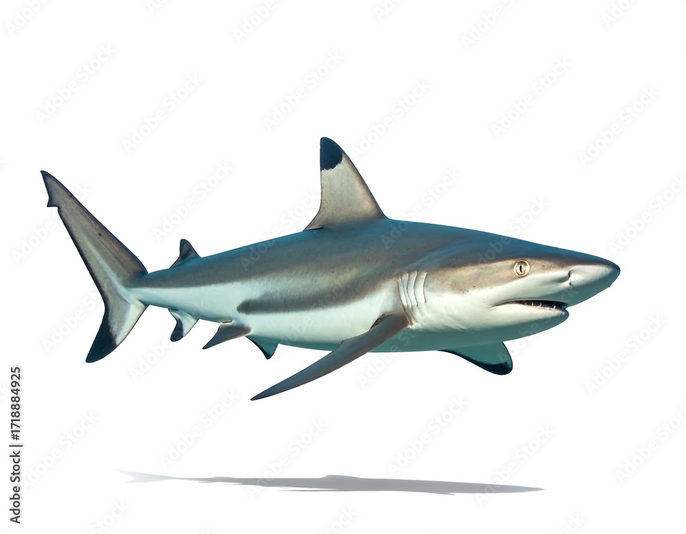 Naklejka premium A blacktip reef shark swims, showcasing its sleek body and distinctive black-tipped fins against a white background.