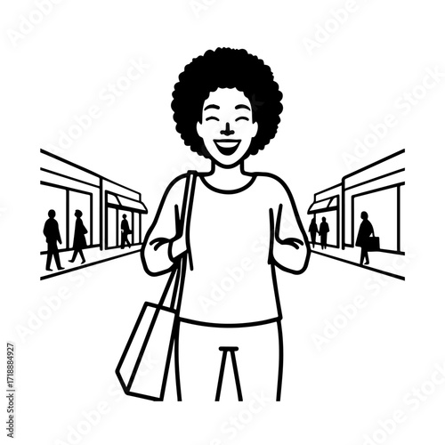 Black and white line art of a beautiful happy woman carrying shopping bags minimalist cheerful illustration