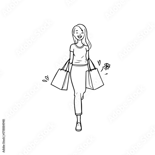 Black and white line art of a beautiful happy woman carrying shopping bags minimalist cheerful illustration