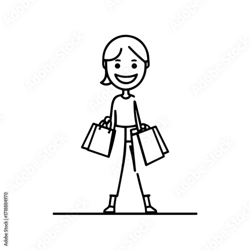 Black and white line art of a beautiful happy woman carrying shopping bags minimalist cheerful illustration