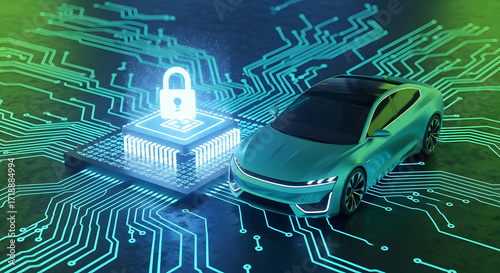 Cybersecurity concept with electric car, digital padlock, and circuit board