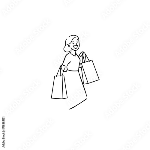 Black and white line art of a beautiful happy woman carrying shopping bags minimalist cheerful illustration