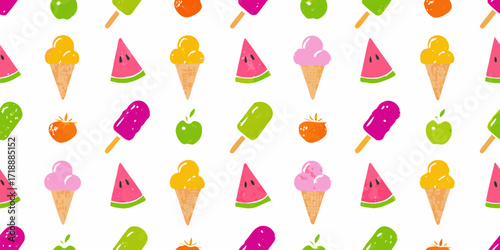 Seamless pattern of colorful summer fruits and ice cream treats on white background