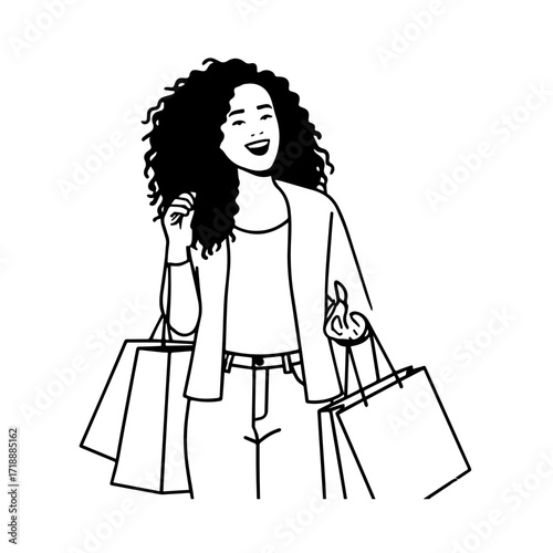 Black and white line art of a beautiful happy woman carrying shopping bags minimalist cheerful illustration