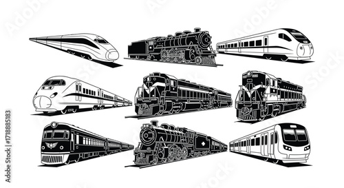 Black and White Train Collection: Vintage Steam Locomotives and Modern High-Speed Trains, Ideal for Railway Enthusiasts and Transportation Designs, Illustration Set