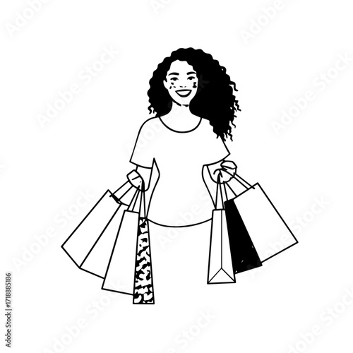 Black and white line art of a beautiful happy woman carrying shopping bags minimalist cheerful illustration