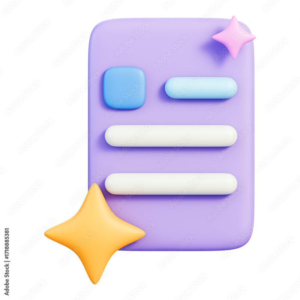 Obraz premium Checklist document form card with star sparkle, UI template component for task list and todo, layout design for business workflow, status and approval, data entry and content, 3d illustration