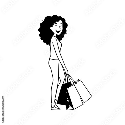 Black and white line art of a beautiful happy woman carrying shopping bags minimalist cheerful illustration