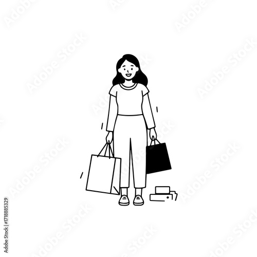 Black and white line art of a beautiful happy woman carrying shopping bags minimalist cheerful illustration