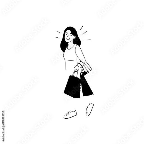 Black and white line art of a beautiful happy woman carrying shopping bags minimalist cheerful illustration