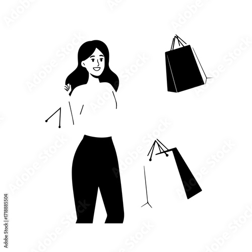 Black and white line art of a beautiful happy woman carrying shopping bags minimalist cheerful illustration