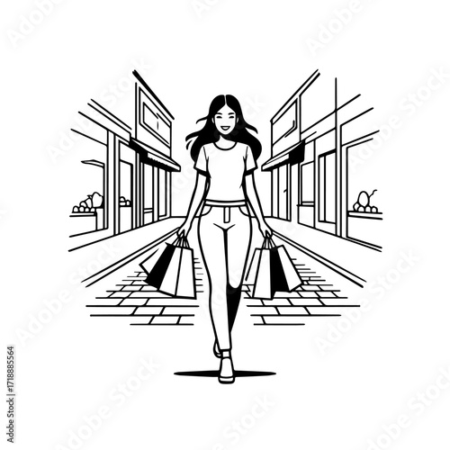 Black and white line art of a beautiful happy woman carrying shopping bags minimalist cheerful illustration