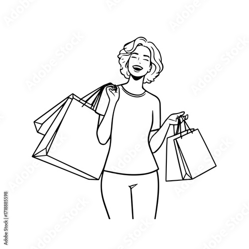 Black and white line art of a beautiful happy woman carrying shopping bags minimalist cheerful illustration