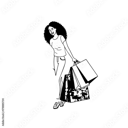 Black and white line art of a beautiful happy woman carrying shopping bags minimalist cheerful illustration