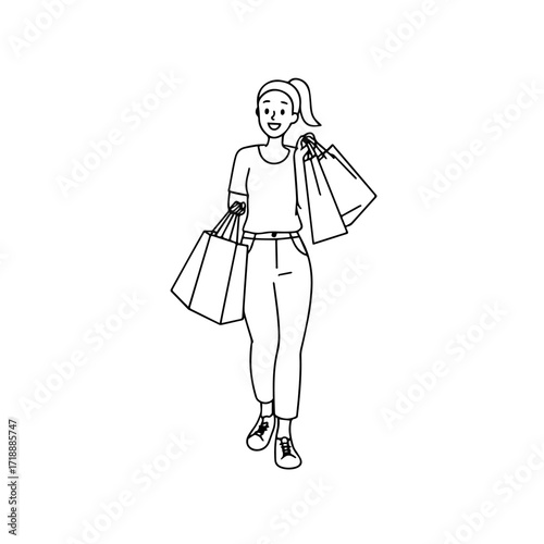 Black and white line art of a beautiful happy woman carrying shopping bags minimalist cheerful illustration